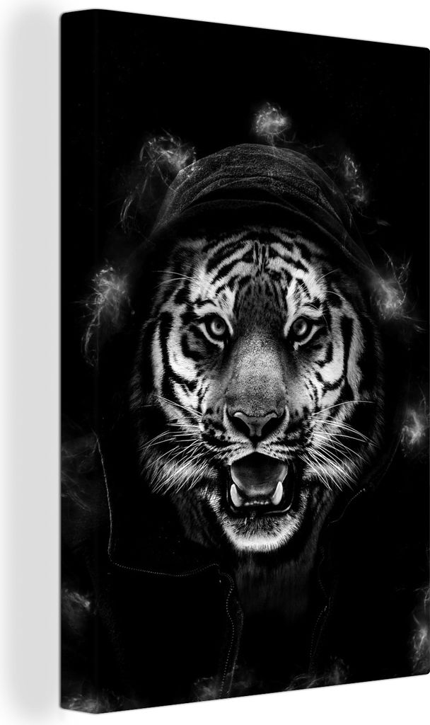 OneMillionCanvasses - Leinwandbilder - 90x140 cm, Tiger mit Kapuze zwischen Lichtern auf schwarzem Hintergrund - schwarz und weiß, Wandbilder Ku...