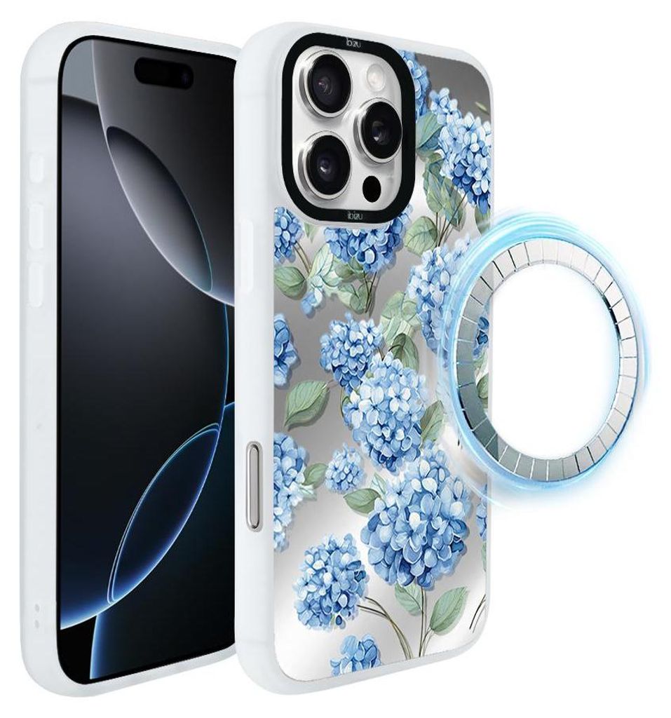Schutzhülle für das iPhone 16 Pro Max, MagSafe-kompatibel, mattweiße Seiten, Hortensienblüten