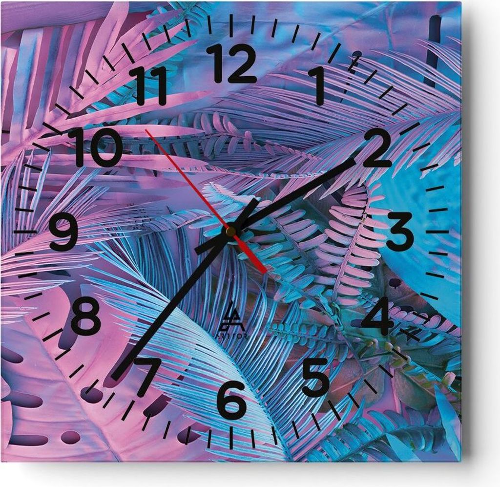 Wanduhr - Quadrat - Glasuhr - Blätter Rosa Blau - 40x40cm - Schleichendes Uhrwerk - Lautlos - zum Aufhängen bereit - Dekoration Modern - Wanddeko...