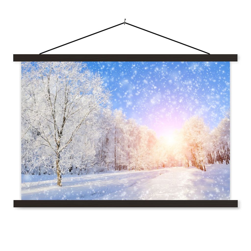 MuchoWow Textilposter Schnee - Sonne - Winter 60x40 cm mit schwarzem Rahmen - Hölzernes