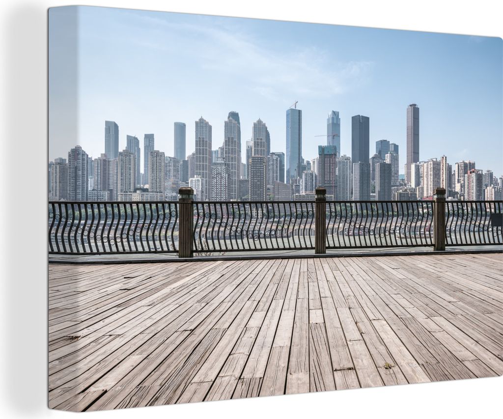 OneMillionCanvasses - Leinwandbilder - 140x90 cm, Holzterrasse mit einer Skyline von Chongqing, Wandbilder Kunstdruck Wanddekoration - Foto auf L...