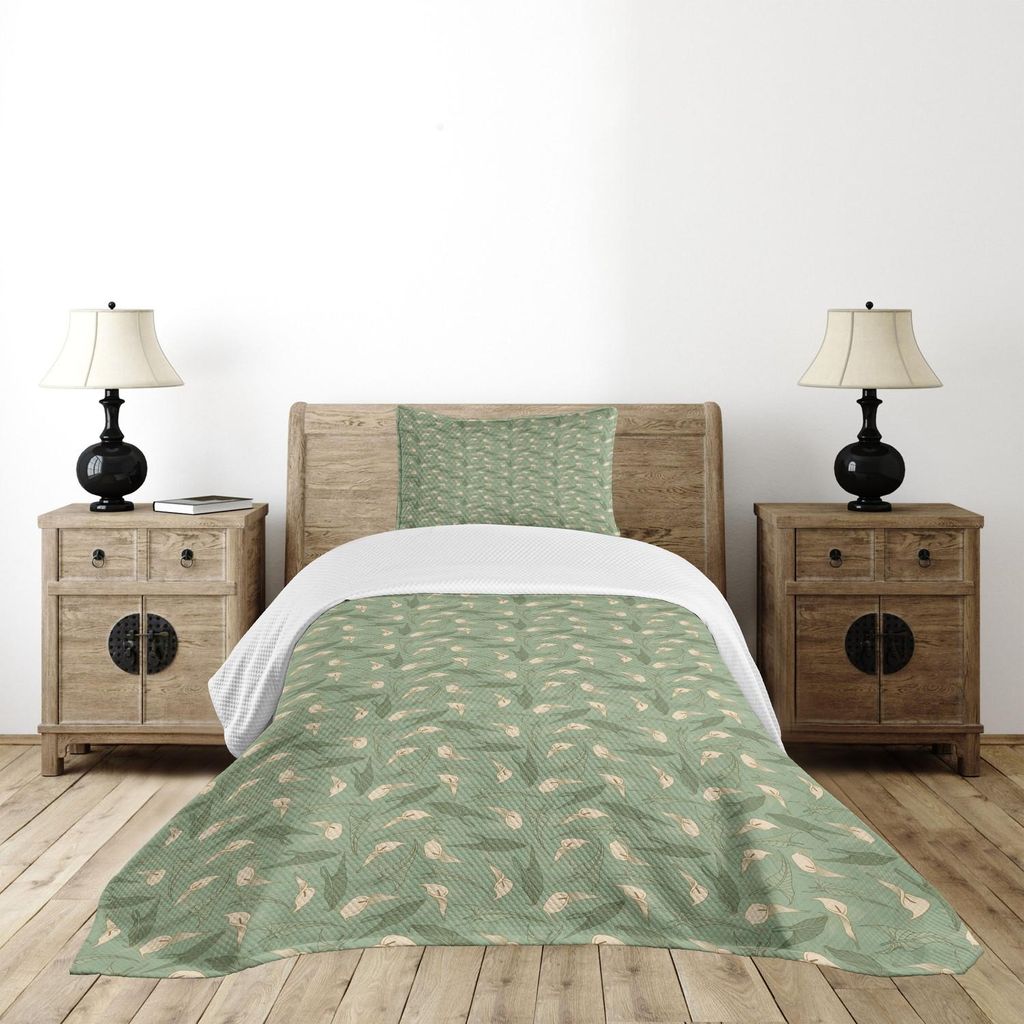ABAKUHAUS Blume Tagesdecke Set, Calla Flowers mit frischen grünen Blättern Ornamental Arrangement Sommer Laub, 170 x 220 cm, Creme resedagrün