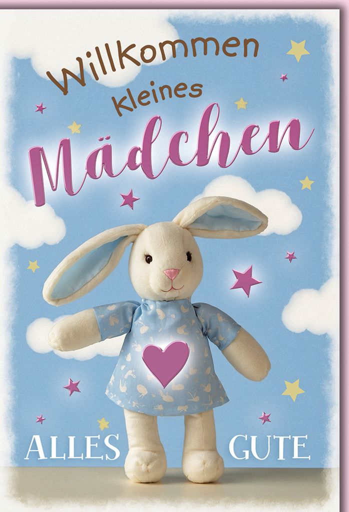 Baby Hase Herz pink Geburt Mädchen Willkommen Glückwunschkarte mit Umschlag