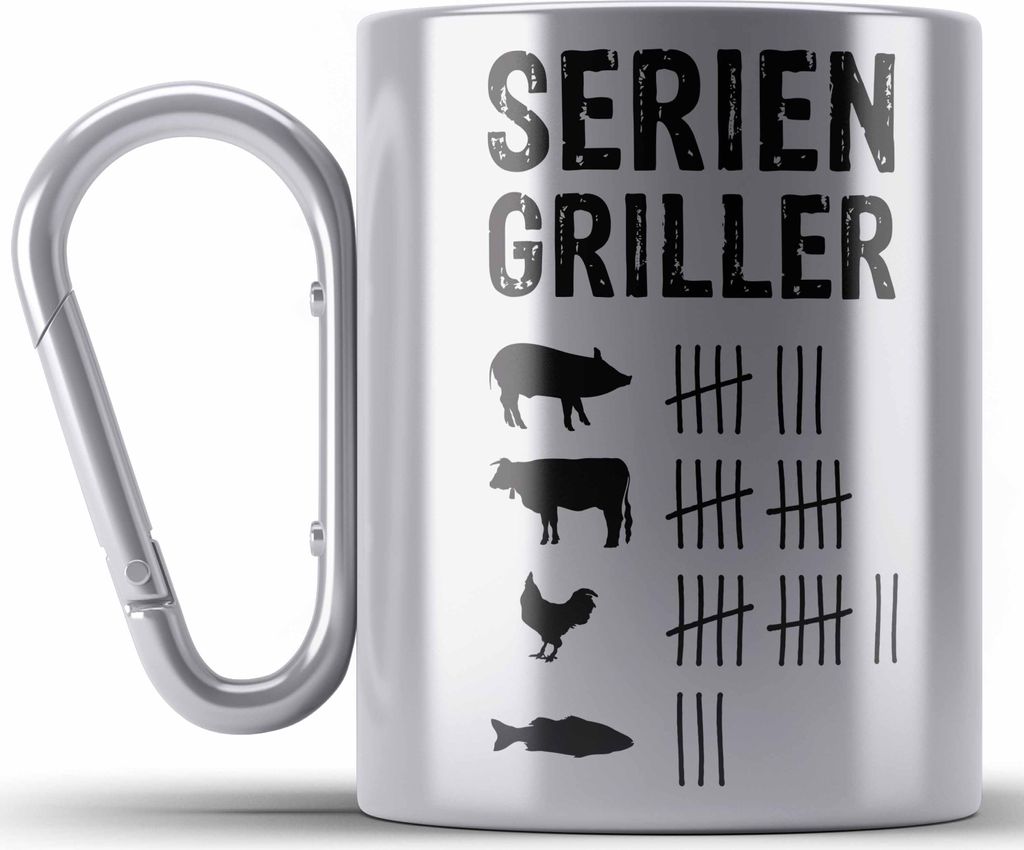 Trendation - Grillen Edelstahl Tasse Karabiner Geschenk Männer Steak Liebhaber Grillen Geschenkidee Vater (Silber)