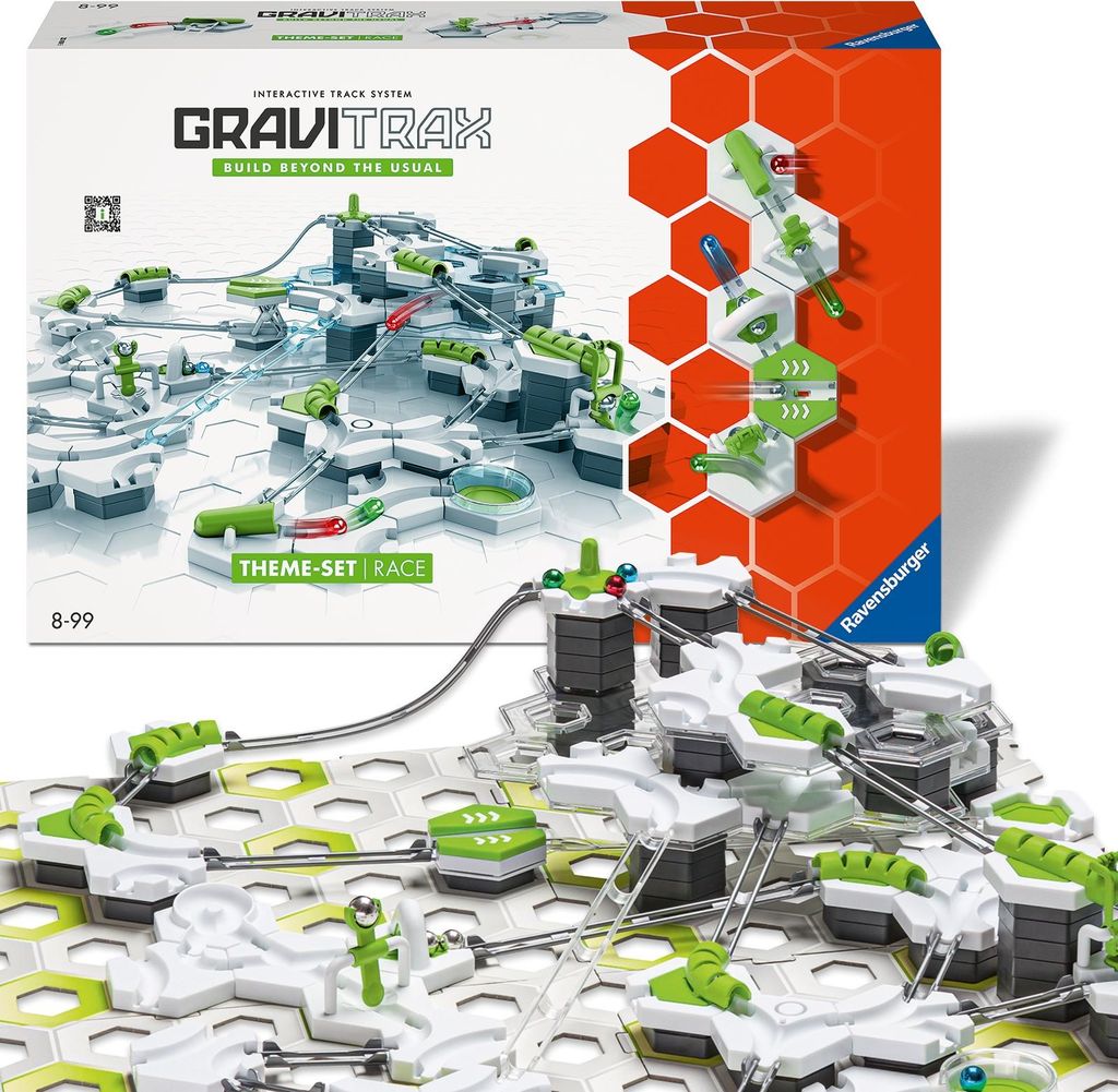 A product shot of a Gravitrax Race Theme Set box and a close-up of the assembled toy.