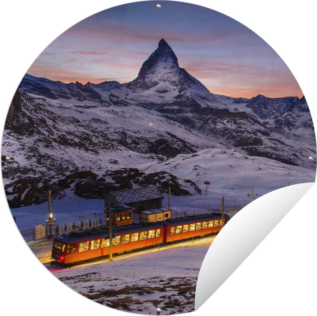 MuchoWow Gartenposter Outdoor-Poster Rund Gornergratbahn vor dem Matterhorn im Schweizer Kanton Wallis Ø 90 cm Gartendeko Rundes Poster draußen