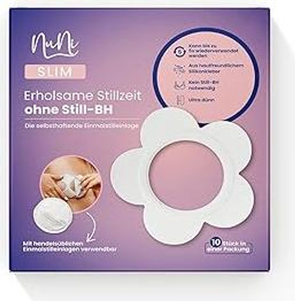 NuNi SLIM Einweg Stilleinlagen, Selbstklebende Einmalstilleinlagen, Ultradünne und Atmungsaktive Still-Pads, Stillen ohne Still-BH, 10 Stück
