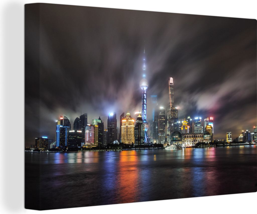OneMillionCanvasses - Leinwandbilder - 140x90 cm, Stadt - Shanghai - Nacht, Wandbilder Kunstdruck Wanddekoration - Foto auf Leinwand - Gemälde a...