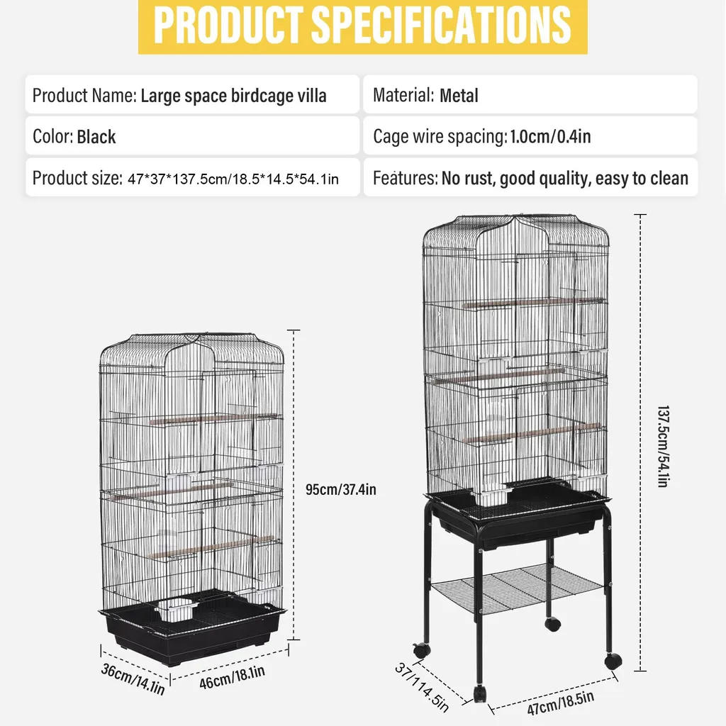 Cage à oiseaux en fer 47x37x137 cm avec support à roulettes mobile