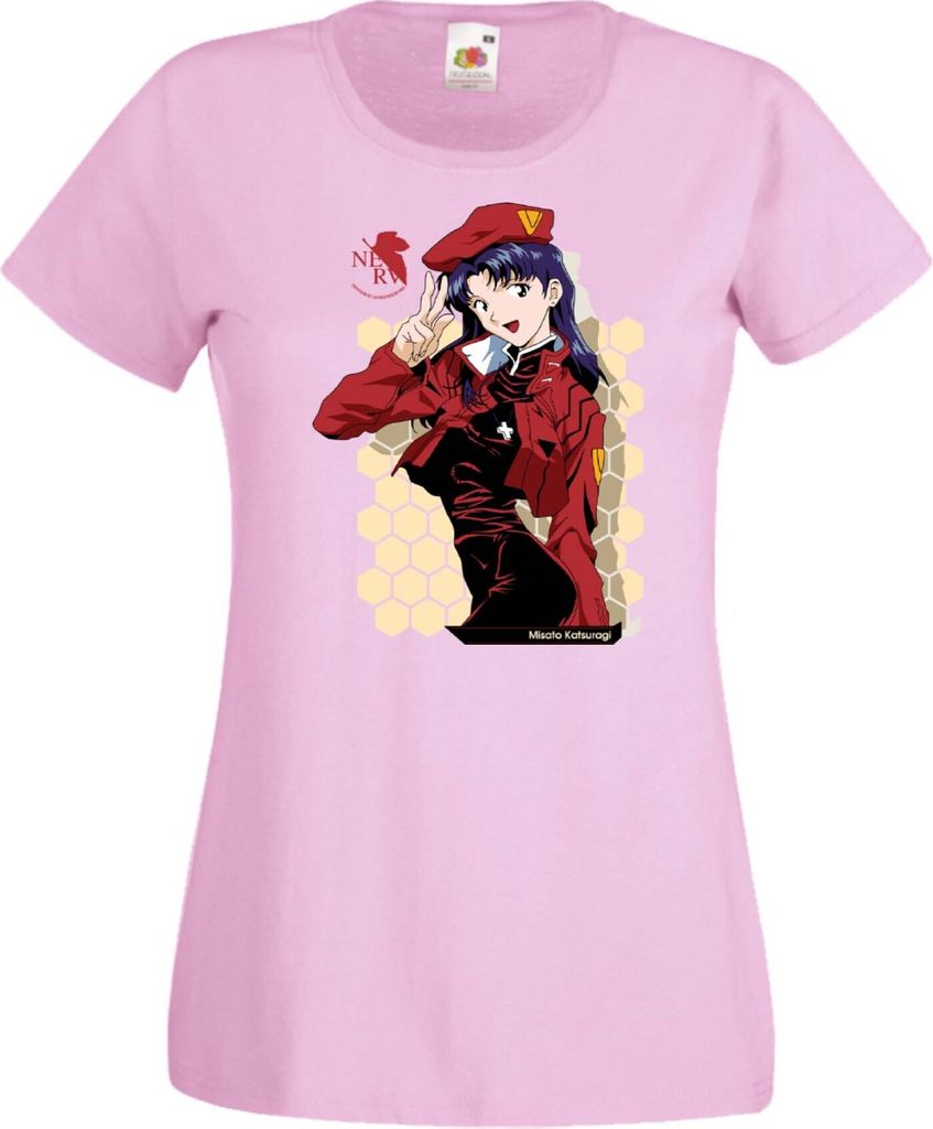 Damen T-Shirt Anime Manga Neon Anime Genesis Manga Evangelion Misato Katsuragi Misato Katsuragi, Lady XL / Hellrosa