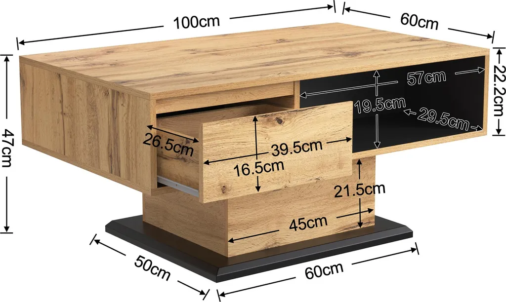 Table basse rectangulaire en bois bicolore avec rangement intégré