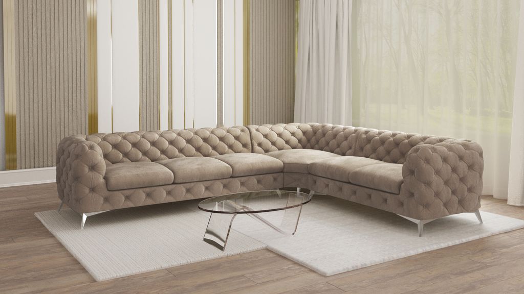 S-STYLE MÖBEL - Chesterfield Ecksofa Cleo mit Silber Metall Füßen aus Dunkle Creme Samtstoff, Ottomane rechts, B/T/H: 323 cm/ 264 cm/ 75 cm
