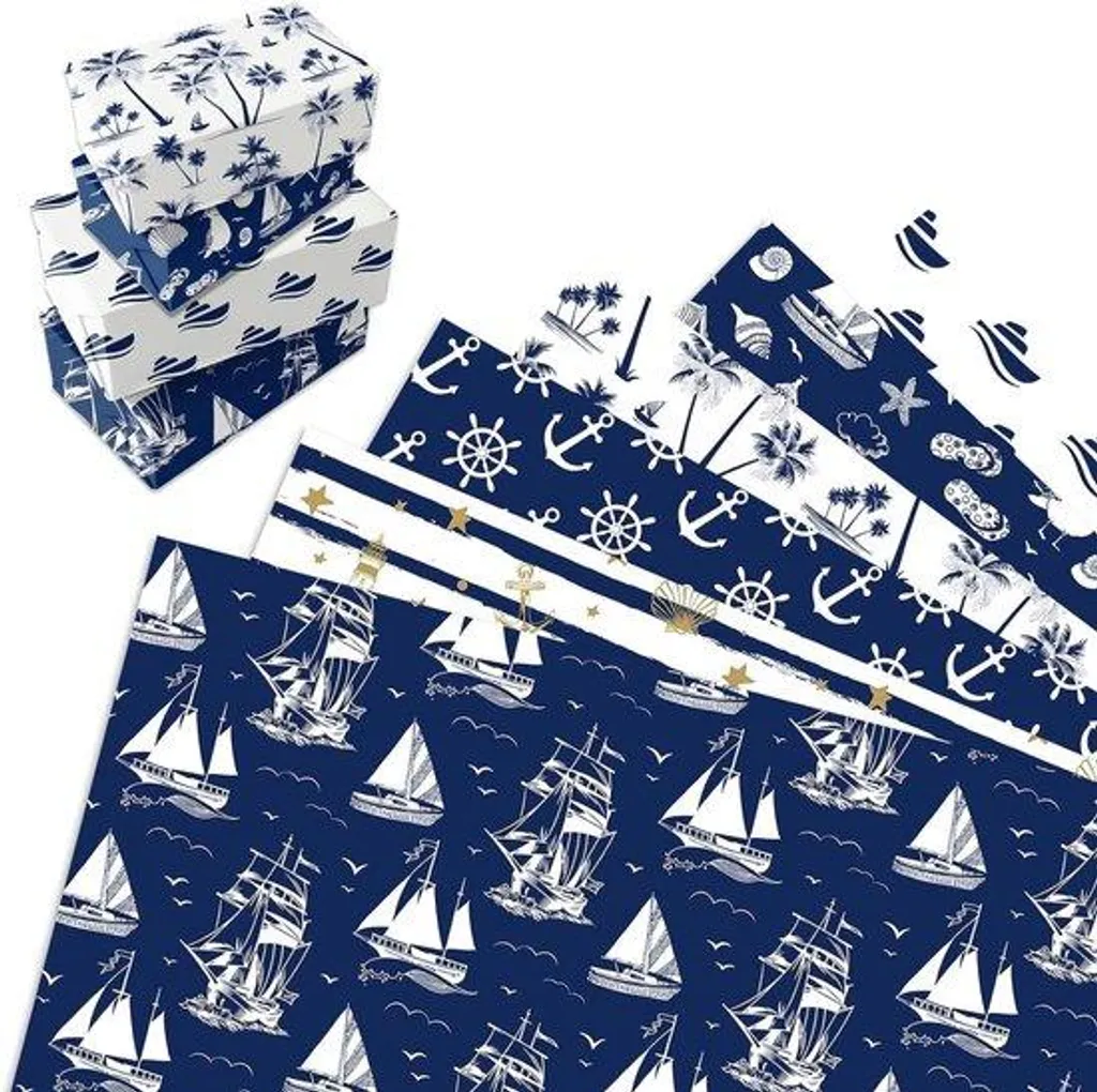 Lot de 12 feuilles de papier cadeau maritime - Motifs ancres 68 x 50 cm
