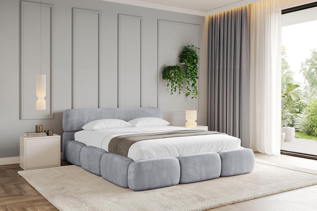 ALTDECOR Polsterbett mit Matratze H3/H4 und Bettkasten ELVA v1 - 200x200 Hellgrau - Bett mit Lattenrost, Kopfteil, Boxbett, Doppelbett mit Stauraum