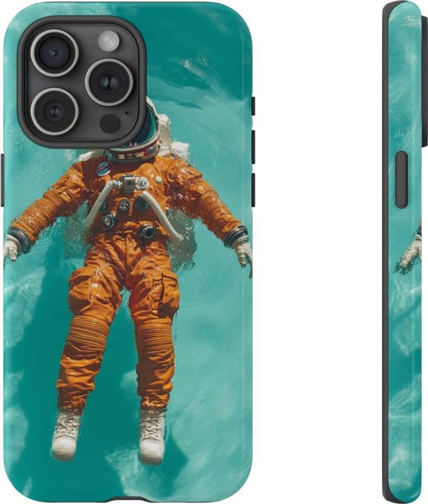 Schwebender Astronaut im orangefarbenen Anzug auf türkisfarbenem Wasser – Hülle Kompatibel mit iPhone 15 Pro Max
