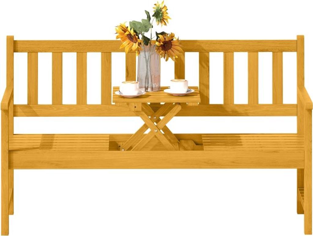 2-Sitzer Gartenbank Holz, wetterfest Sitzbank, Gartenmöbel mit Rücken- und Armlehnen, Klappbarer Tisch Parkbank 320kg belastbar, Holzbank für Ba...