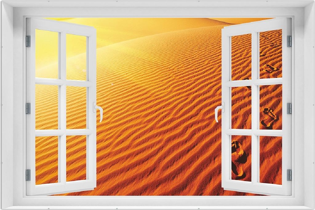 Wallario Wandbild mit Fenster-Illusion: Fußspuren im Sand - Sanddüne in der Wüste, Größe: 61 x 91,5 cm, Poster mit rahmenlosen Bildhalter