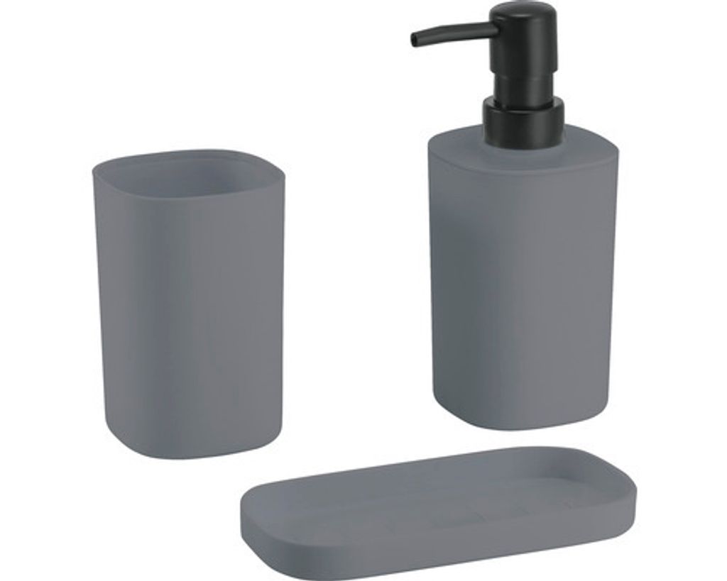 MSV Bad Accessoires 3-teilig Lona - Seifenspender, Seifenschale, Zahnputzbecher Anthrazit