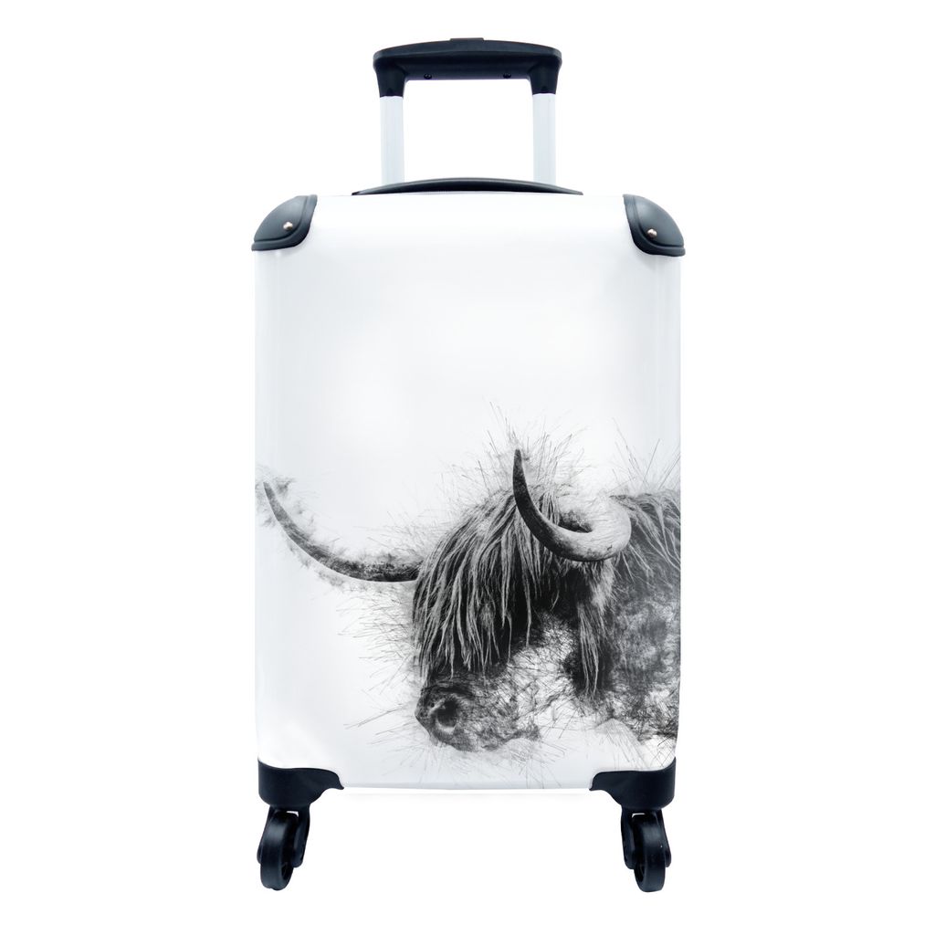 MuchoWow Koffer Handgepäck Trolley Rollkoffer Kleine Reisekoffer mit 4 Rollen - Schottischer Highlander - Schwarz - Weiß - Abstrakt - Cabin Siz...