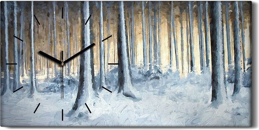 Wandkunst Leinwand Bild Uhr 60x30 Gemälde Abstrakte Winter Schnee Wald Bäume - schwarze Hände