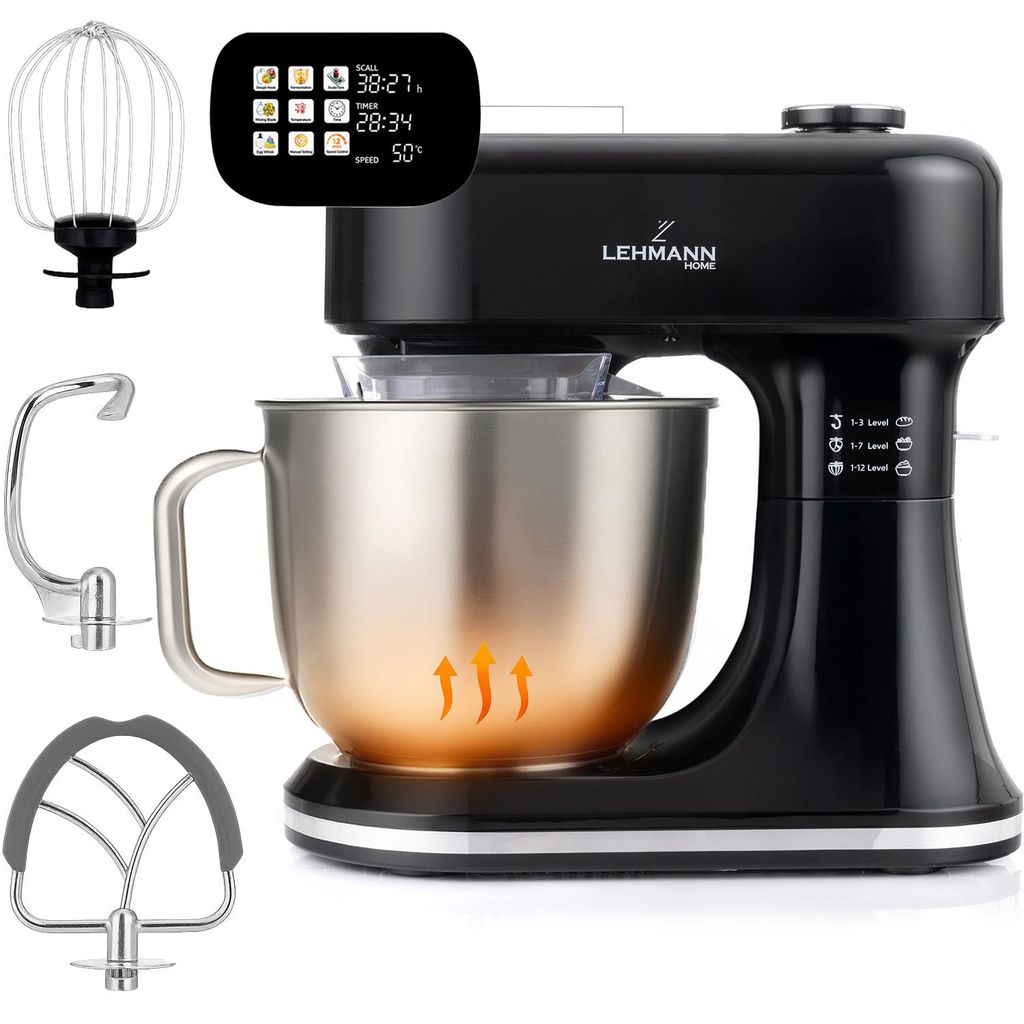 A black stand mixer with a stainless steel bowl and various attachments, presented against a white background.