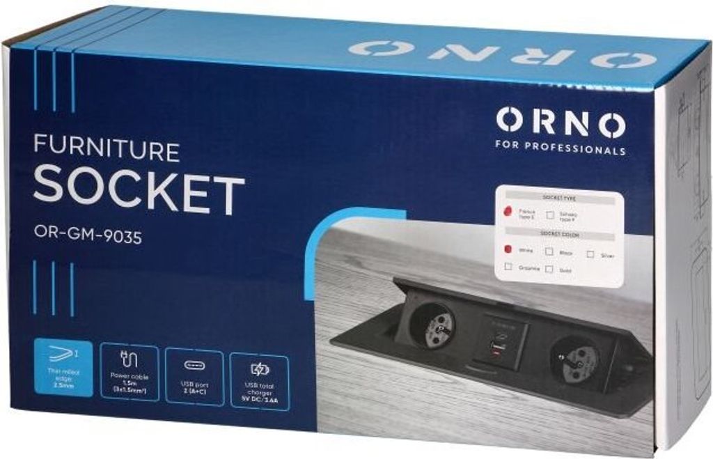 Výklopný blok zapuštěný ORNO OR-GM-9035/W, 2x 230V, 2x USB Obrázek produktu 