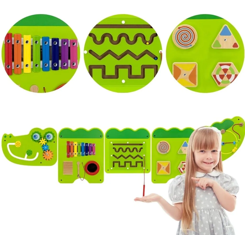 Jouet Mural Crocodile Montessori Panneau de Manipulation en Bois Vert