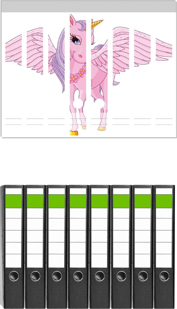 Wallario 8 Stück schmale Ordner inkl. Klebeetiketten mit Motive Rosa Einhorn mit großen Flügeln - Set mit Rückenschildern / Ordnerrücken Stic...