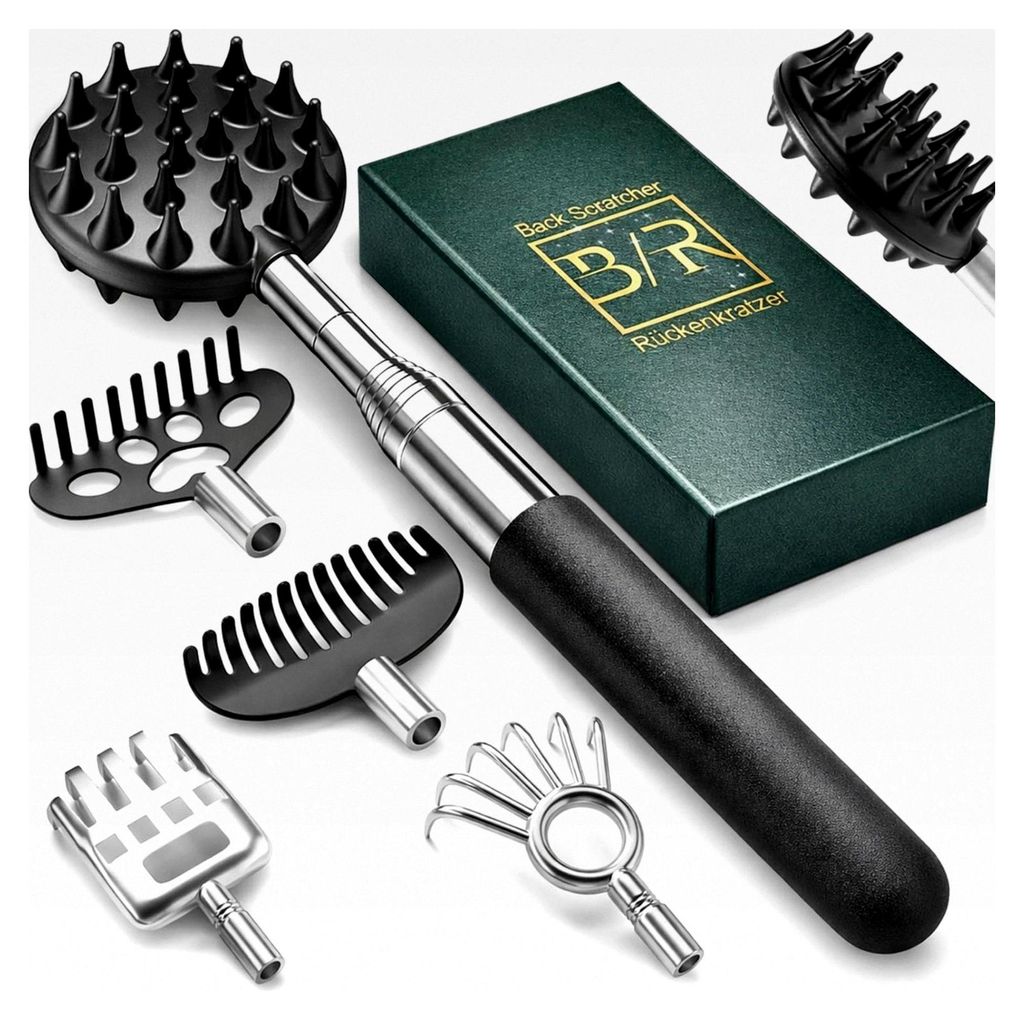 Ausziehbarer Rückenkratzer mit 5 abnehmbaren Kratzköpfen und verstärktem Edelstahlgriff, Geschenkideen für Männer, Väter und Frauen, Valentin...