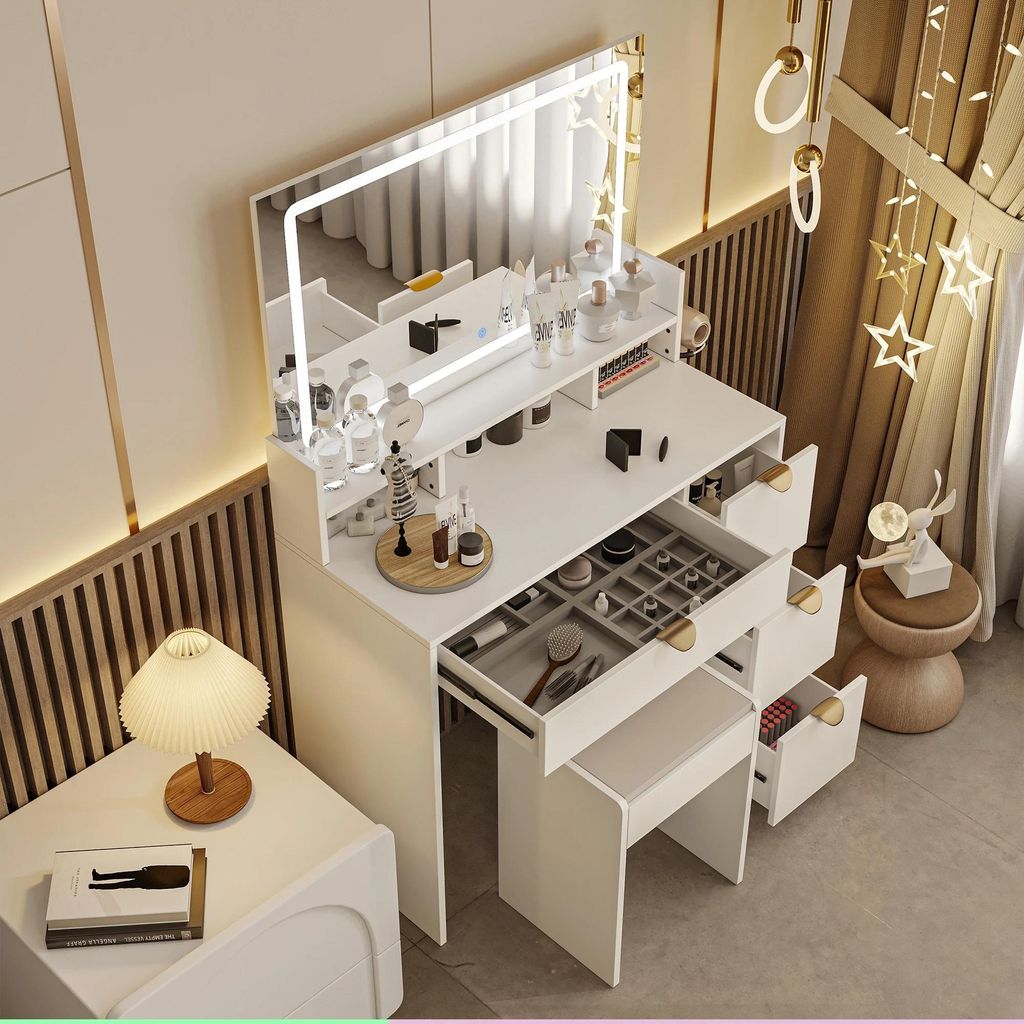 Schminktisch - Frisiertisch mit Spiegel - LED-Beleuchtung dimmbar - 2 Schubladen - Holz - Ohne Hocker - Farbe A2