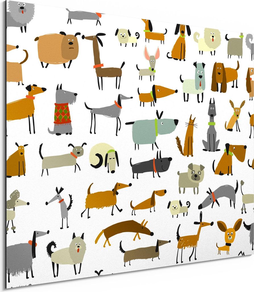 DEQORI Alu-Dibond Bild Weiß 80x60 cm 'Das große Pfotenchaos' Wandbild Metall dünn Design