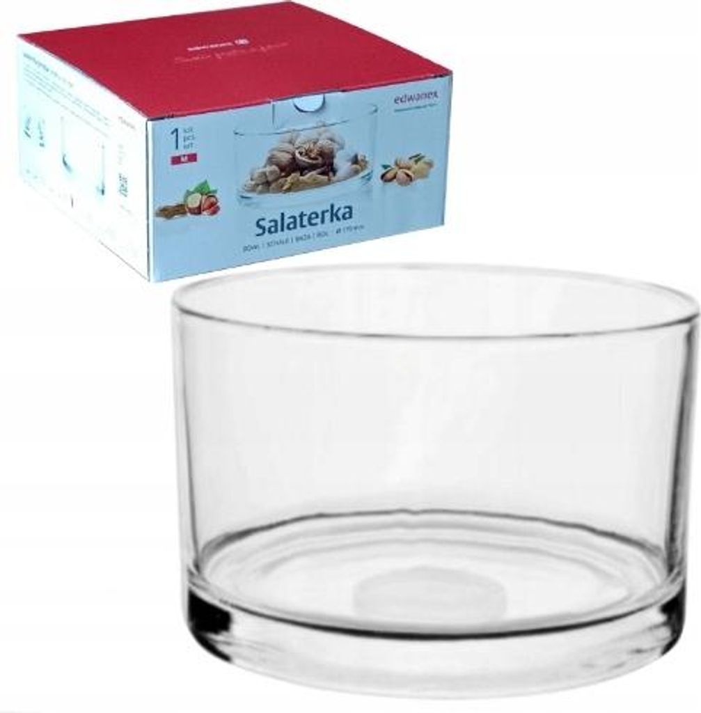 A glass salad bowl and its packaging are displayed against a white background.