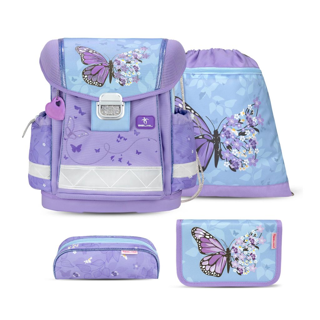 Belmil Classy ergonomisches Schulranzen-Set 4-teilig "Purple Blue Butterfly" mit Brustgurt