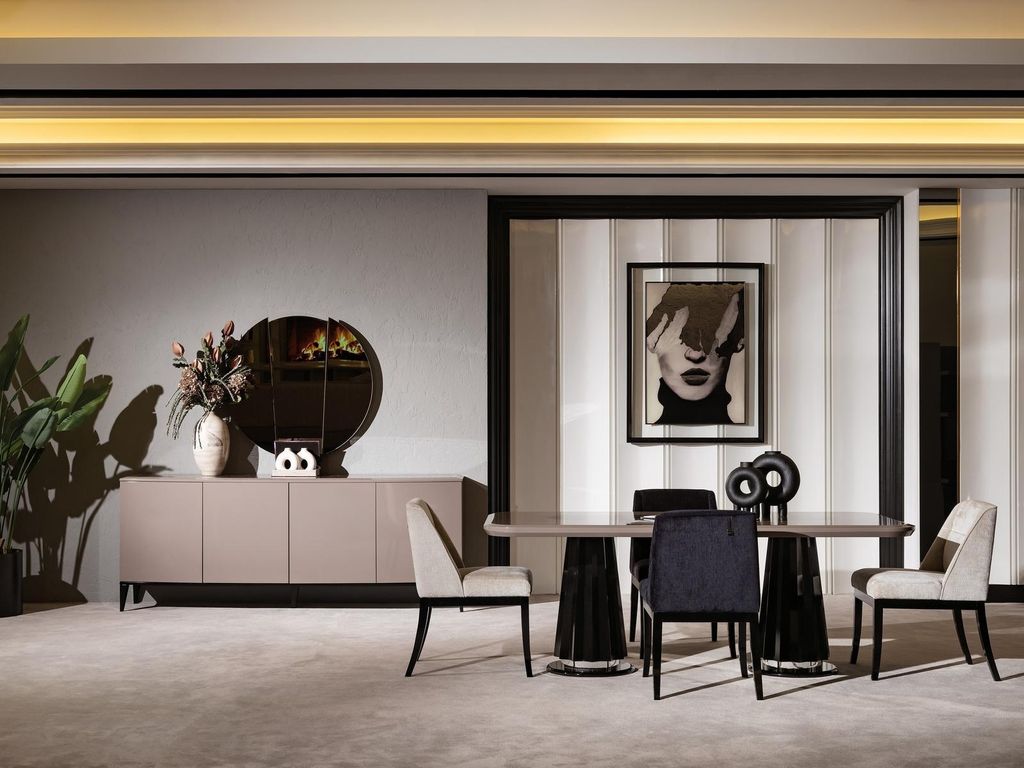 Esszimmer Design Möbel Modern Tisch 4x Stühle Sideboard Spiegel Set Garnitur