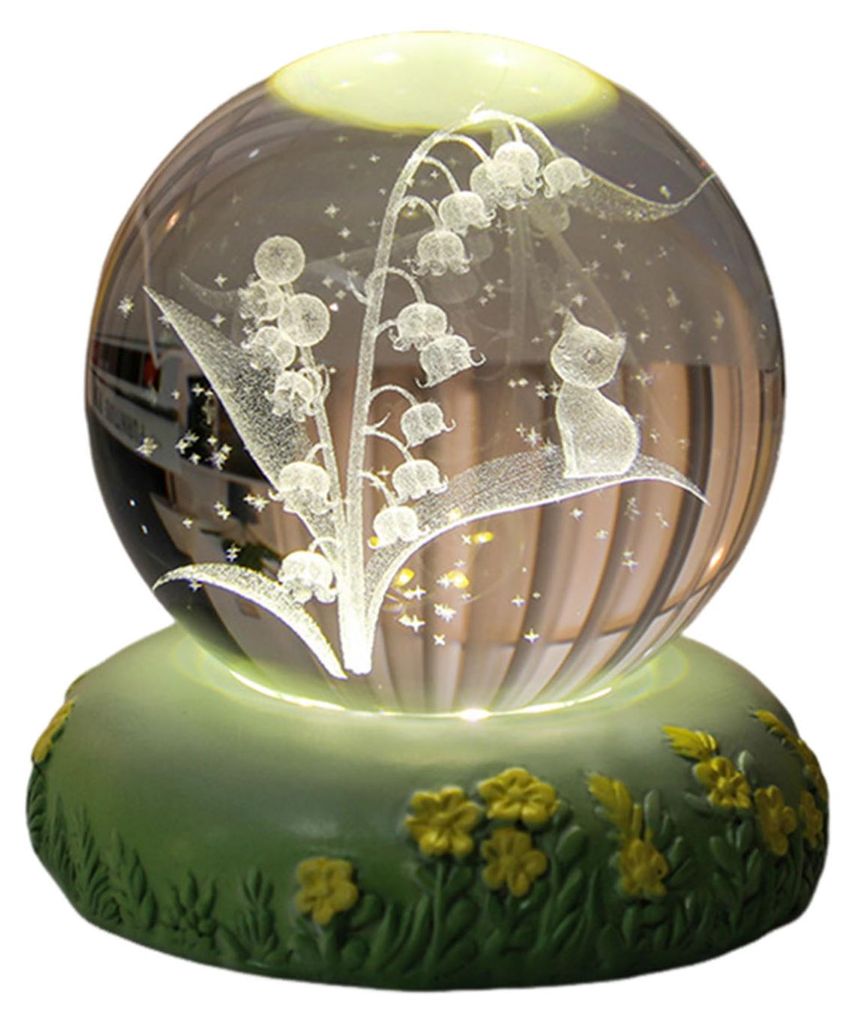 Nachtlicht mit Blumenmotiv: 3D-Glaskugel mit Rosen, Tulpen, Nelken, Glockenblumen und Katzenmotiven, inklusive Sockel, USB-Anschluss, 6 cm Durchmes...