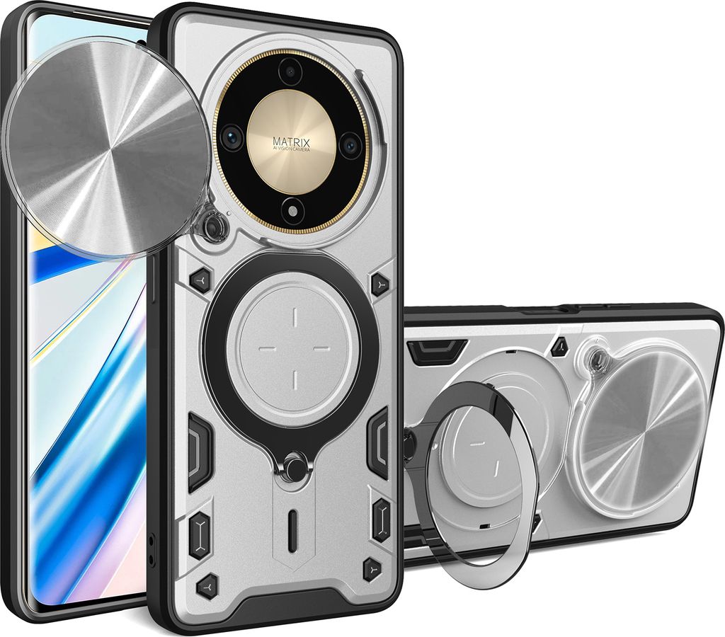 Handyhülle für Honor X9b Dual-Layer Stoßfest Rüstung Hülle mit Dia Kameraschutz und Kreisförmig Ring Ständer Silber