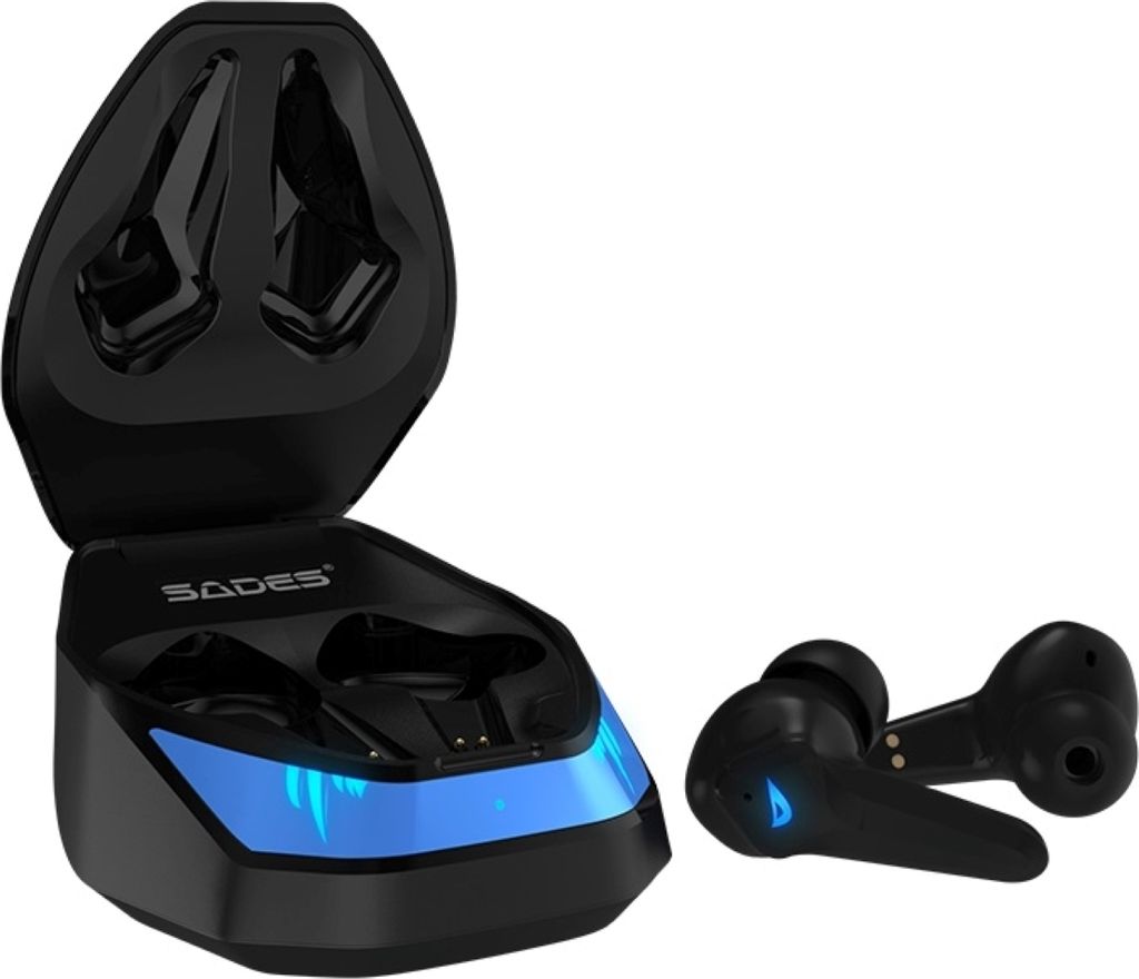 A pair of black wireless earbuds and their charging case are displayed against a white background. The charging case is open, revealing the interior where the earbuds are meant to be stored. The case has a blue LED light strip along the front.
