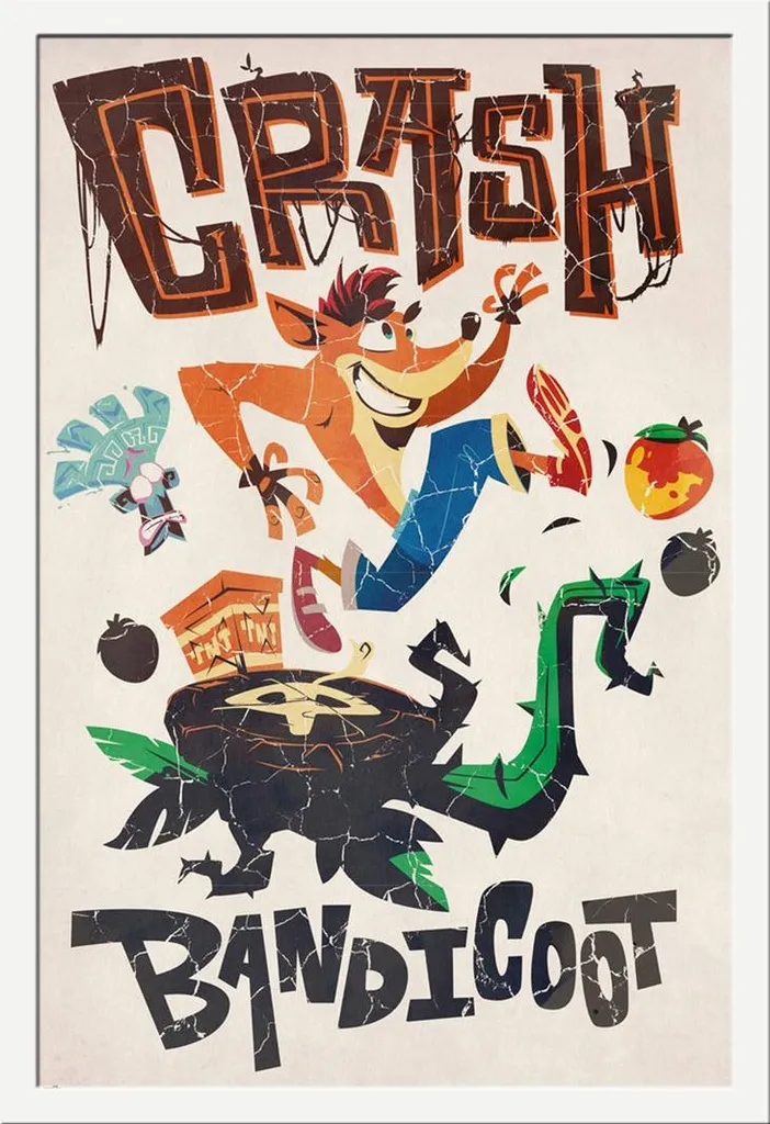 Crash Bandicoot - Poster - Avventure + cornice rimovibile, Shinsuke® Maxi MDF bianco, disco acrilico