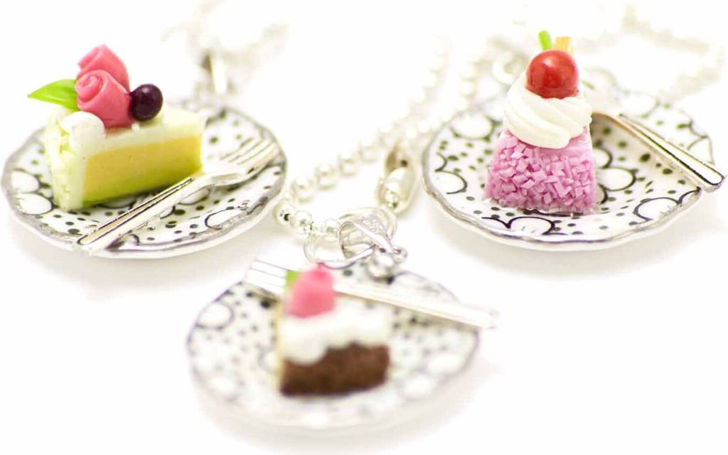 Miniblings Tortenstück Kuchen Halskette 80cm Torte Teller Kuchenstück Punkte