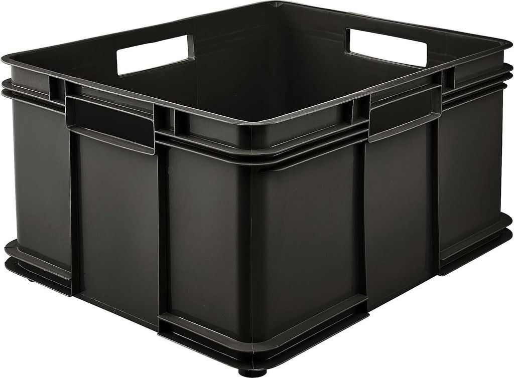 A black plastic storage box is shown from a slightly elevated front-left angle against a white background.