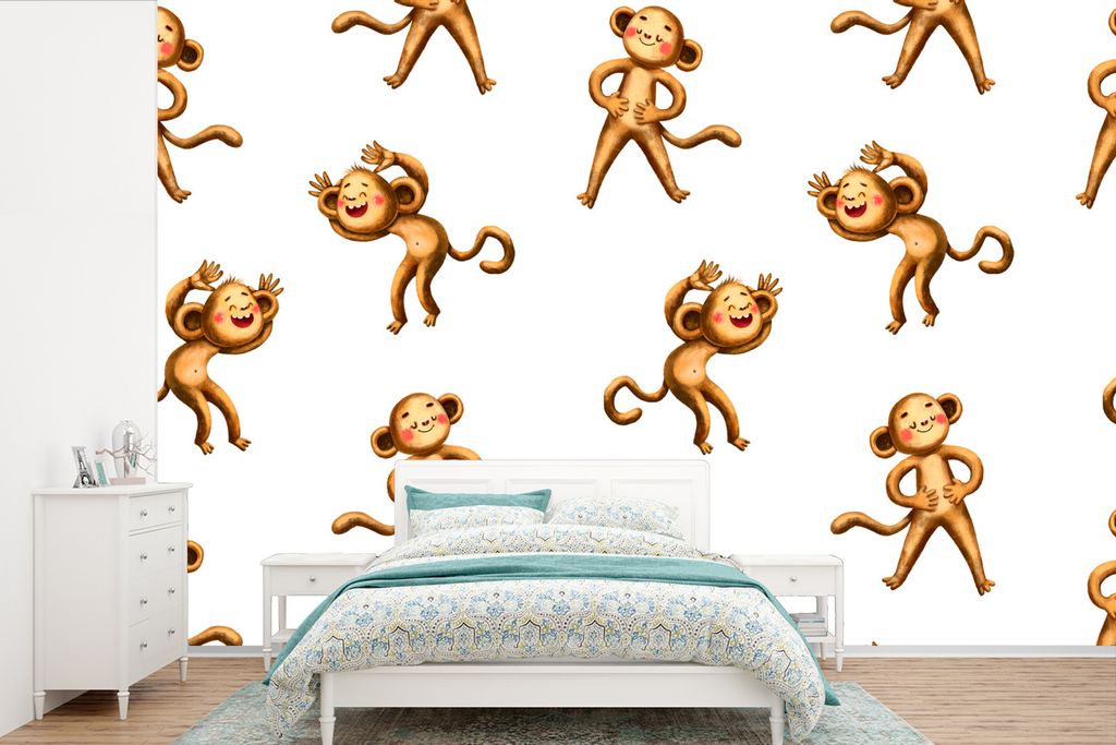MuchoWow Fototapete für Wohnzimmer oder Schlafzimmer Wandtapete Vinyl Motivtapete Dschungel - Design - Affe - Weiß - 330x220 cm - Fototapeten