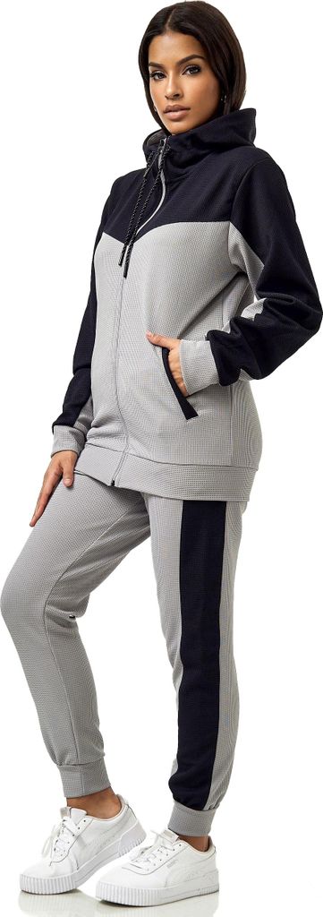 Damen Trainingsanzug | Jogginganzug mit Kapuzenjacke 0986 Grau-Navy M