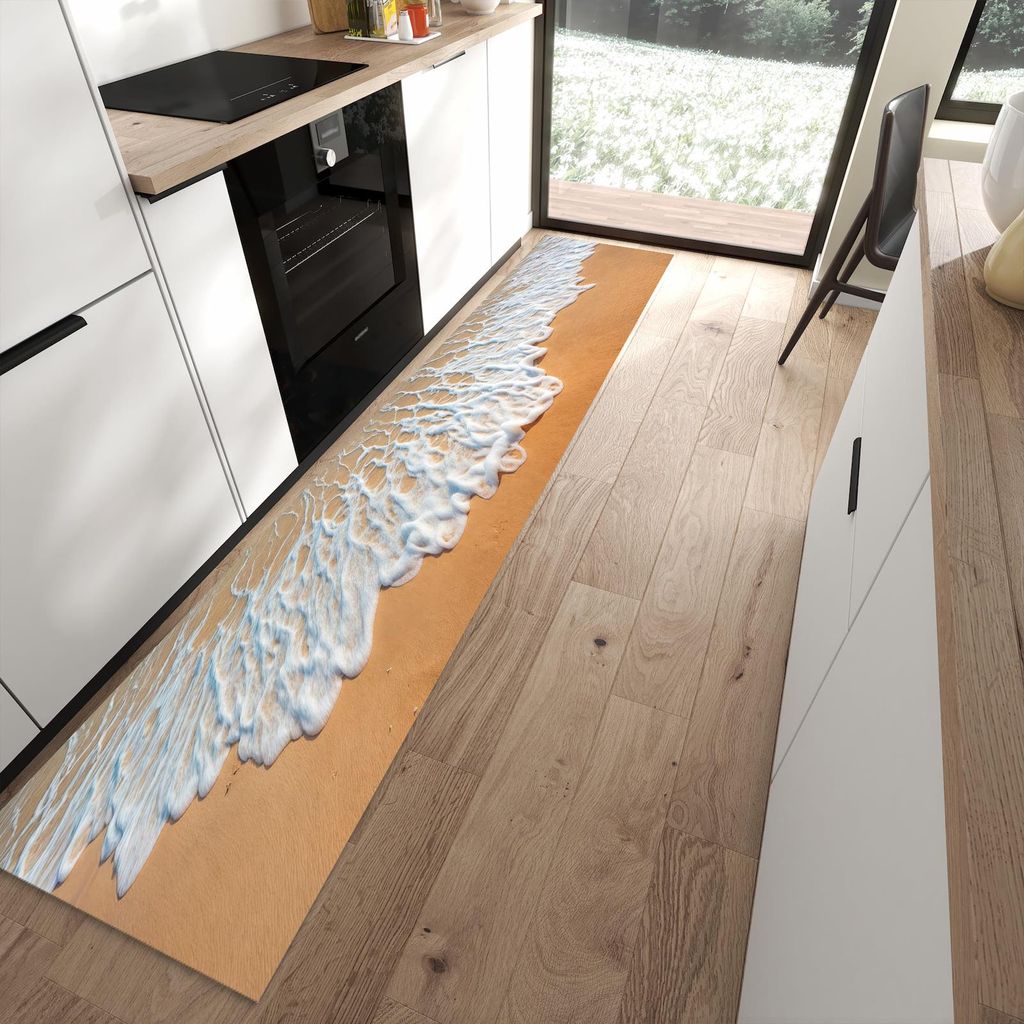 Küchenteppich 60x300cm rutschfest & abwischbar PVC Läufer - Wellen am Sandstrand