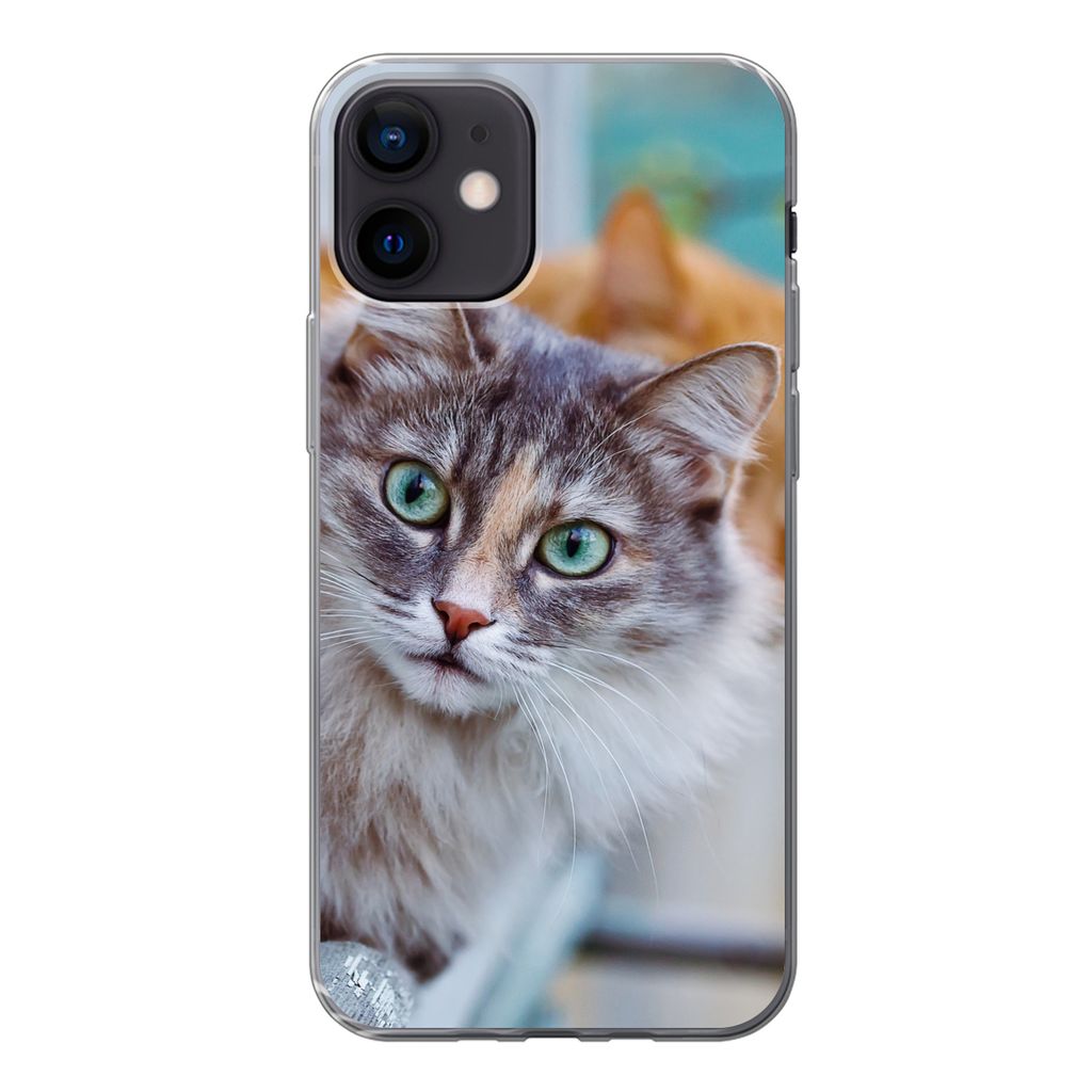 MuchoWow Handyhülle Schutzhülle Hülle für iPhone 12 Katze - Fenster - Katzen Silikon Softcase Handy Hülle - Schutzhülle