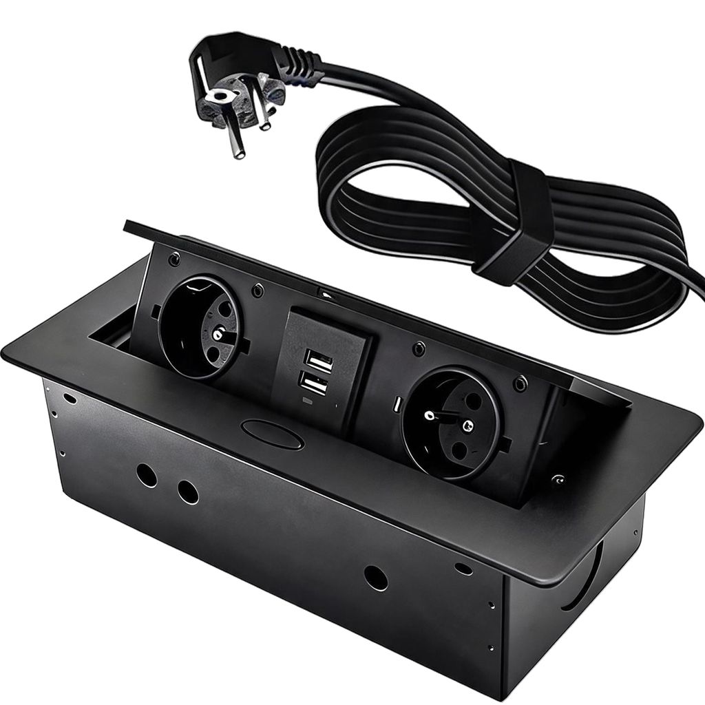 Versenkbare Aluminium Einbausteckdose 2-fach & 2 USB Produktbild 