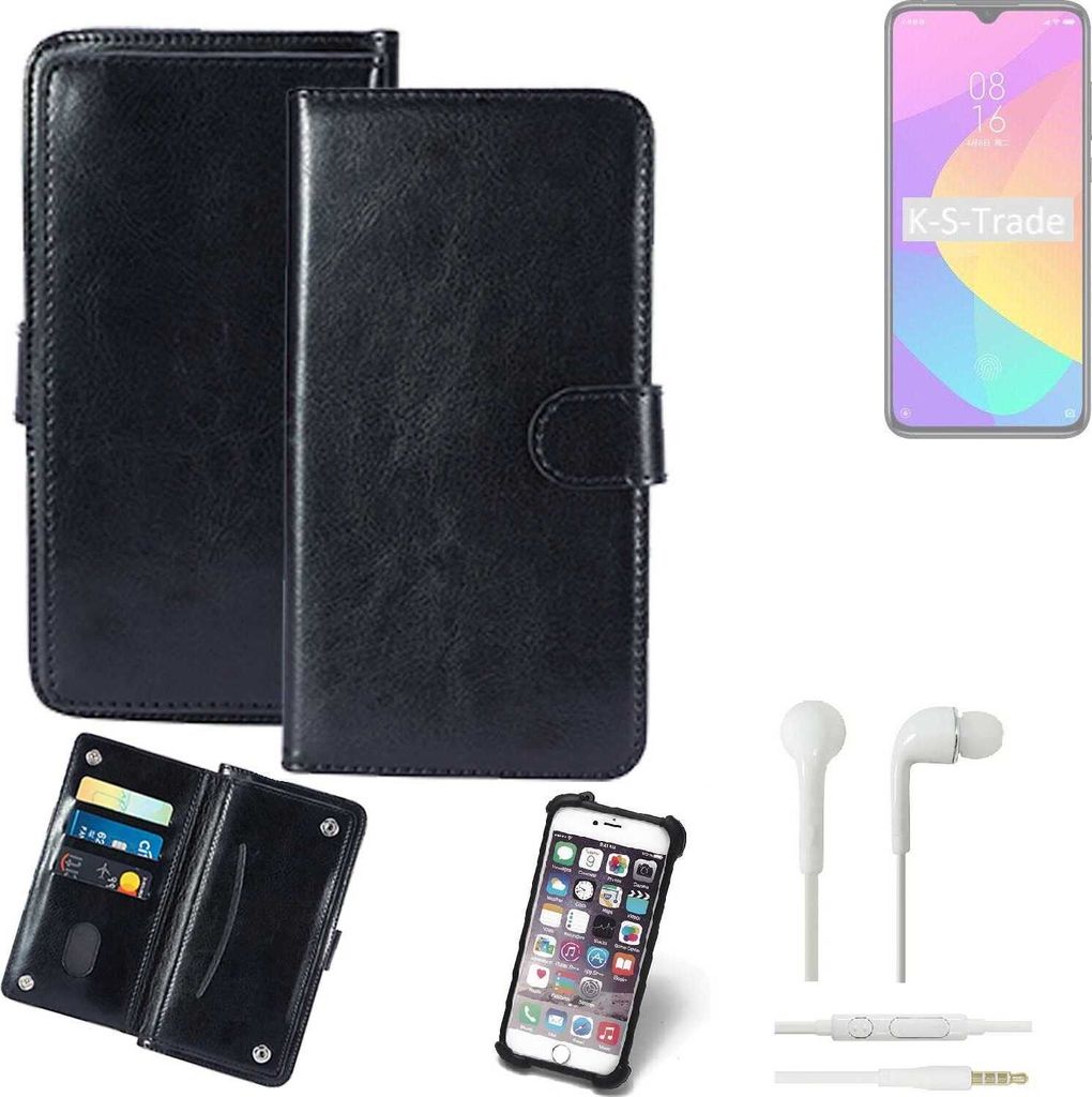 K-S-Trade 360° Hülle kompatibel mit Xiaomi MI 9 Lite inkl. Headphones schwarz Kunstleder Case BookCase WalletCase Kunstlederederhülle Handyhülle,