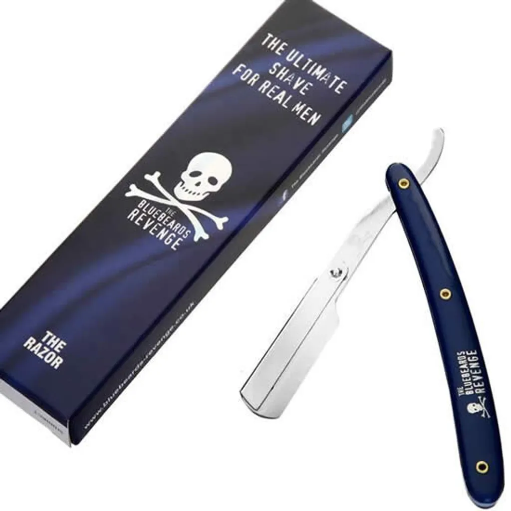 Shavette manche bleu avec logo pour tracer les contours de barbe
