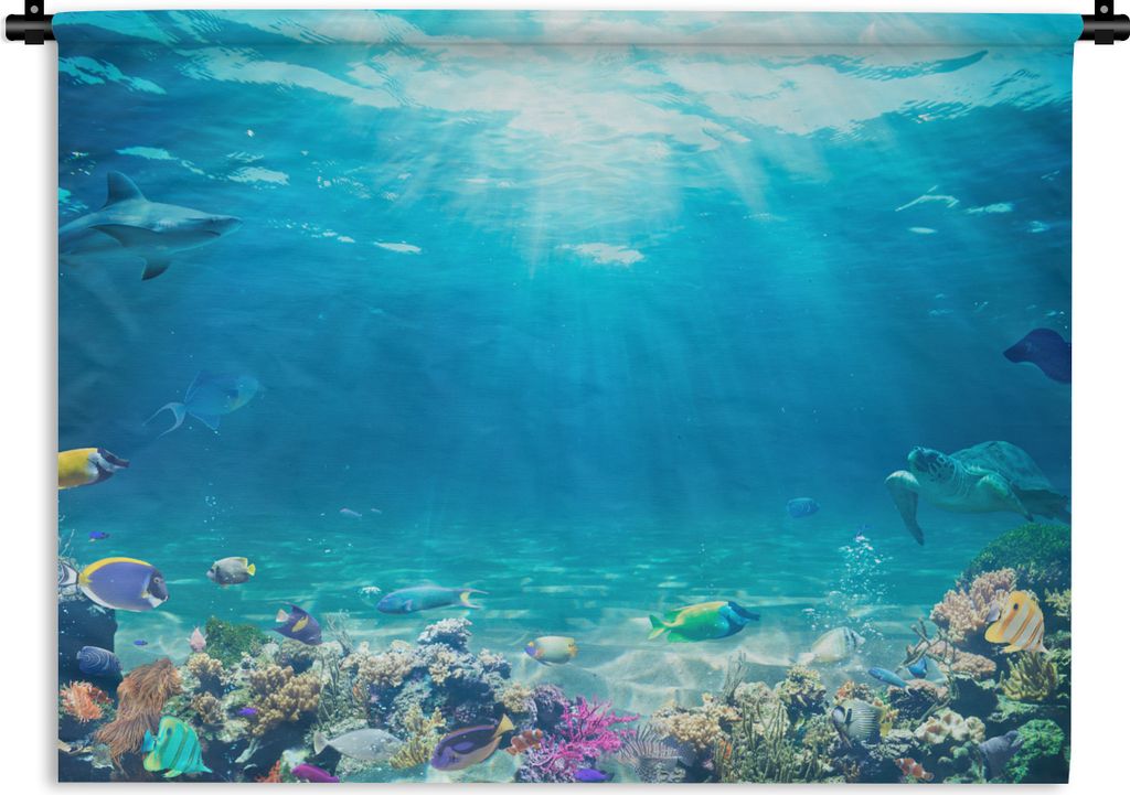 MuchoWow Wandteppich Wandbehang Unterwasserwelt - Meerestiere - Wasser - Korallen - Blau 90x67.5 cm Tapisserie Dekoration Wandtuch - Fototeppich ...