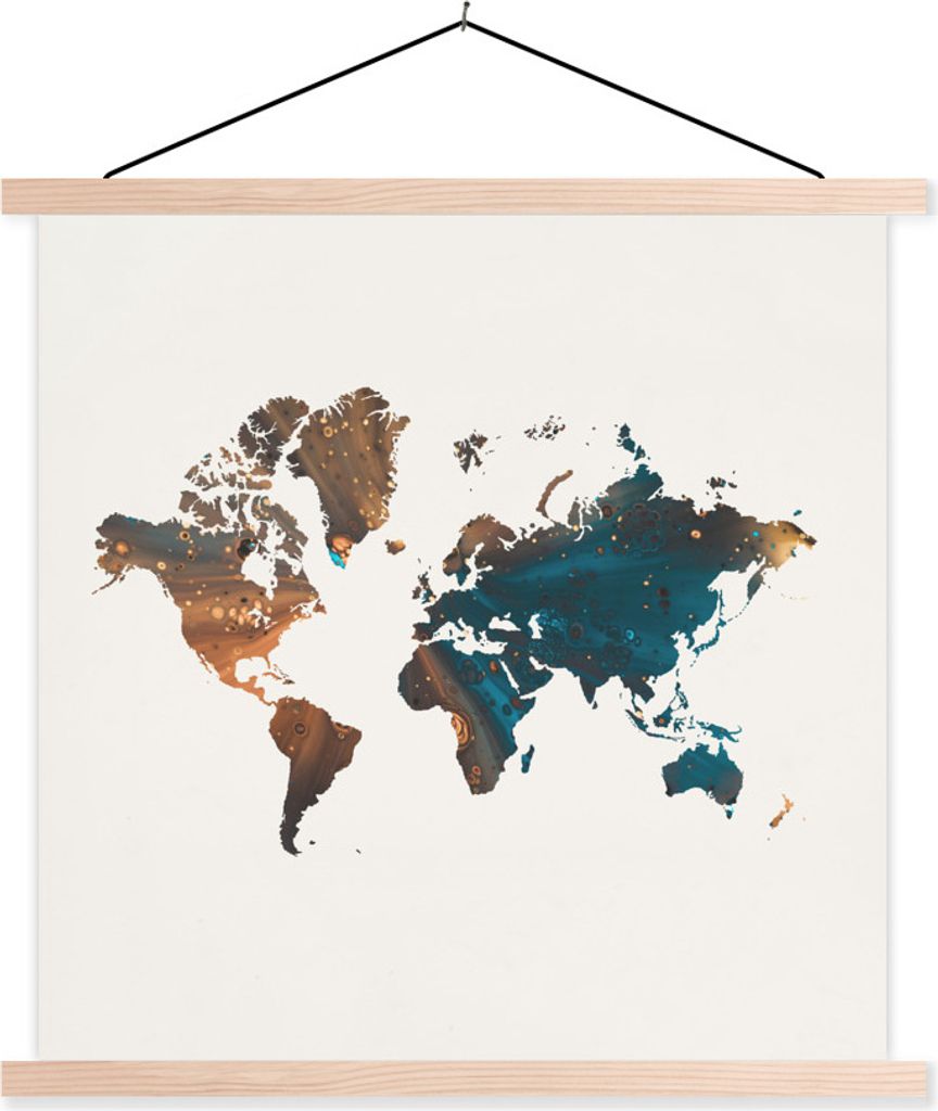 MuchoWow Textilposter Weltkarte - Blau - Orange 120x120 cm mit holzfarbenen Rahmen - Textil-Poster