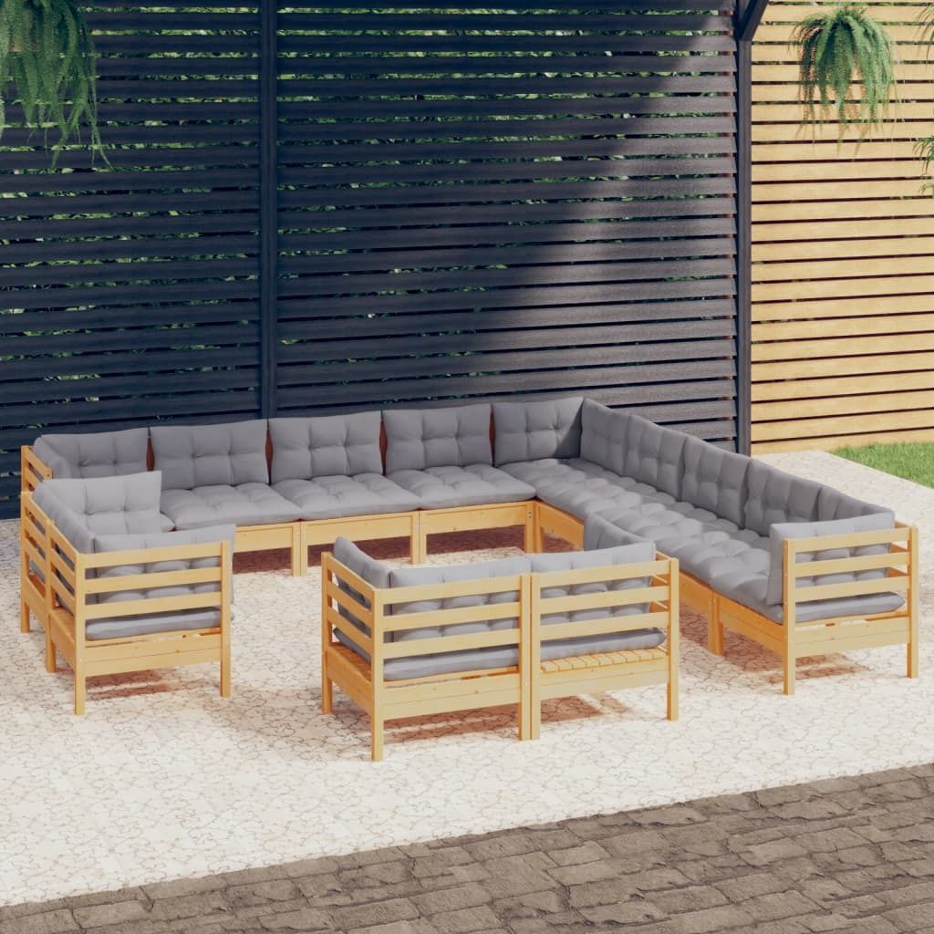 Maison Exclusive - 13-tlg. Garten-Lounge-Set mit Grauen Kissen Massivholz Kiefer